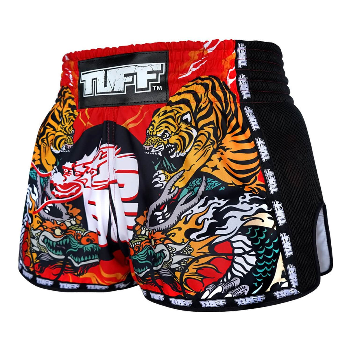 TUFF MSC113 Muay Thai Shorts Retro Red Chinese Dragon and Tiger