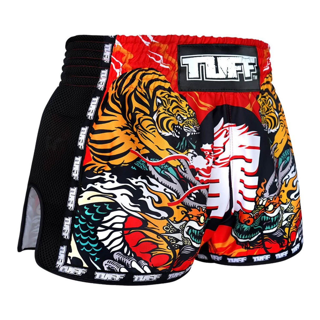 TUFF MSC113 Muay Thai Shorts Retro Red Chinese Dragon and Tiger